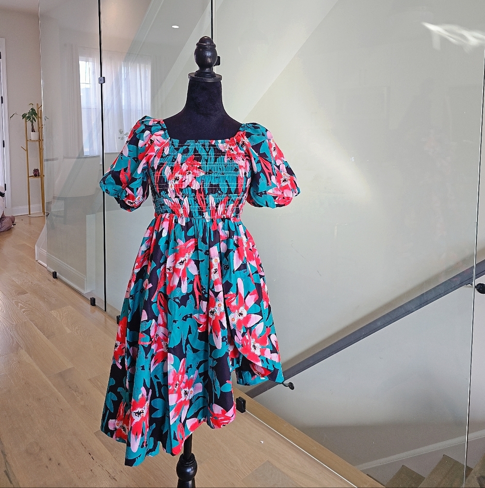 Floral Puff-Sleeve Smocked Dress in Teal & Coral